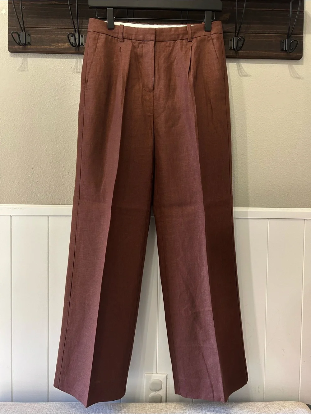 100% Linen J.Crew Essential Wide Leg Mid Rise Pant Roasted Cocoa Cognac Brown